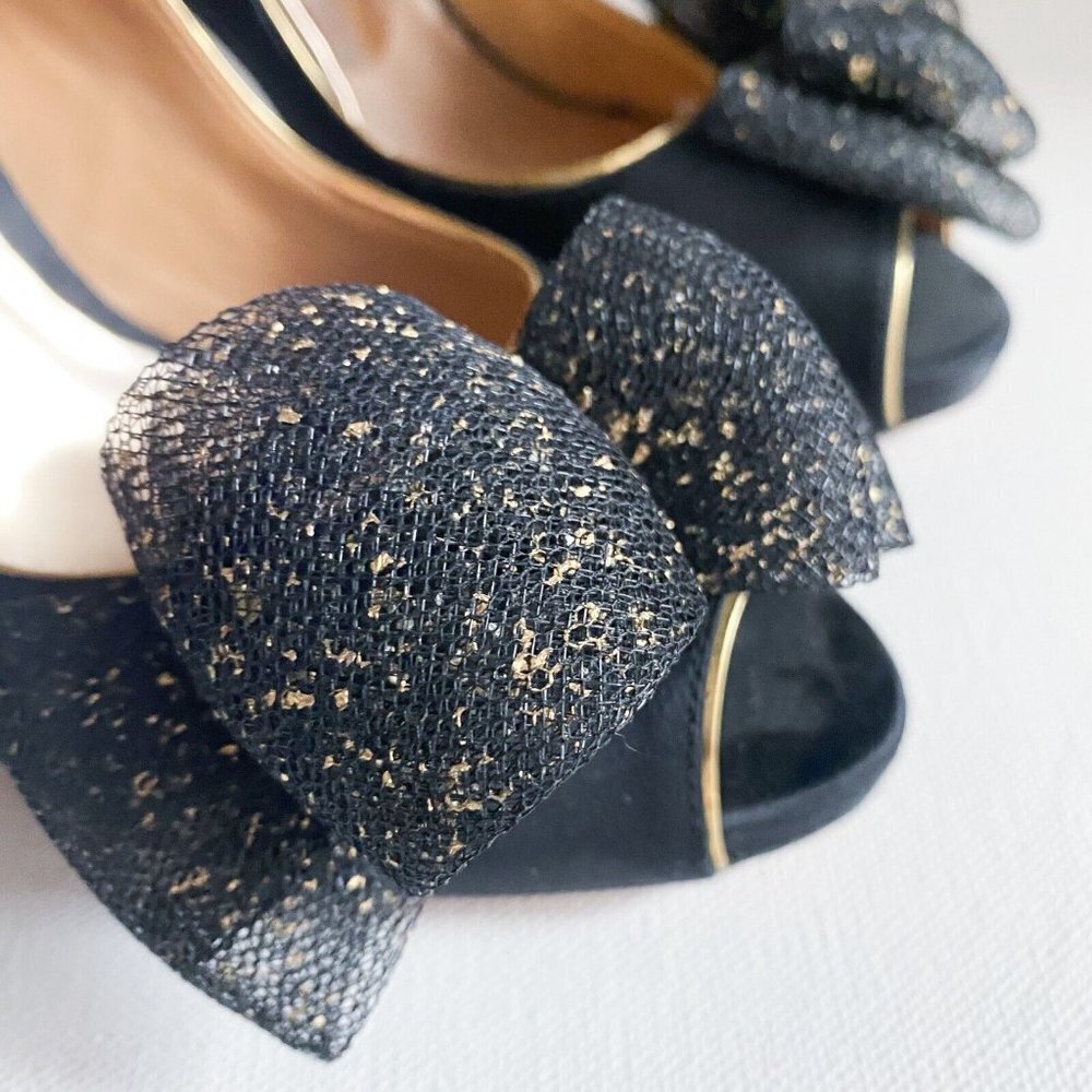 Badgley Mischka Black Satin Bow Detail Peep Toe Heels 6M - Picture 4 of 11